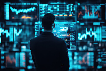 Business manager creating holographic financial plans indoors with real-time exchange data projections