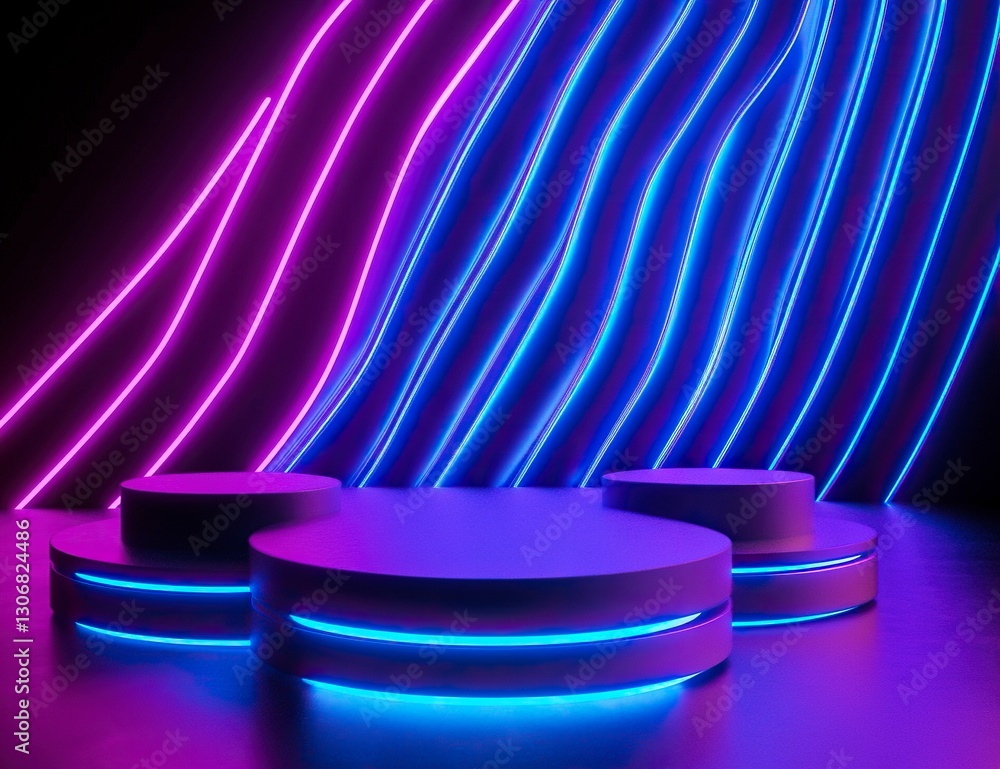 Poster 3d render, abstract background with blue and purple glowing neon lines on a black background. three 