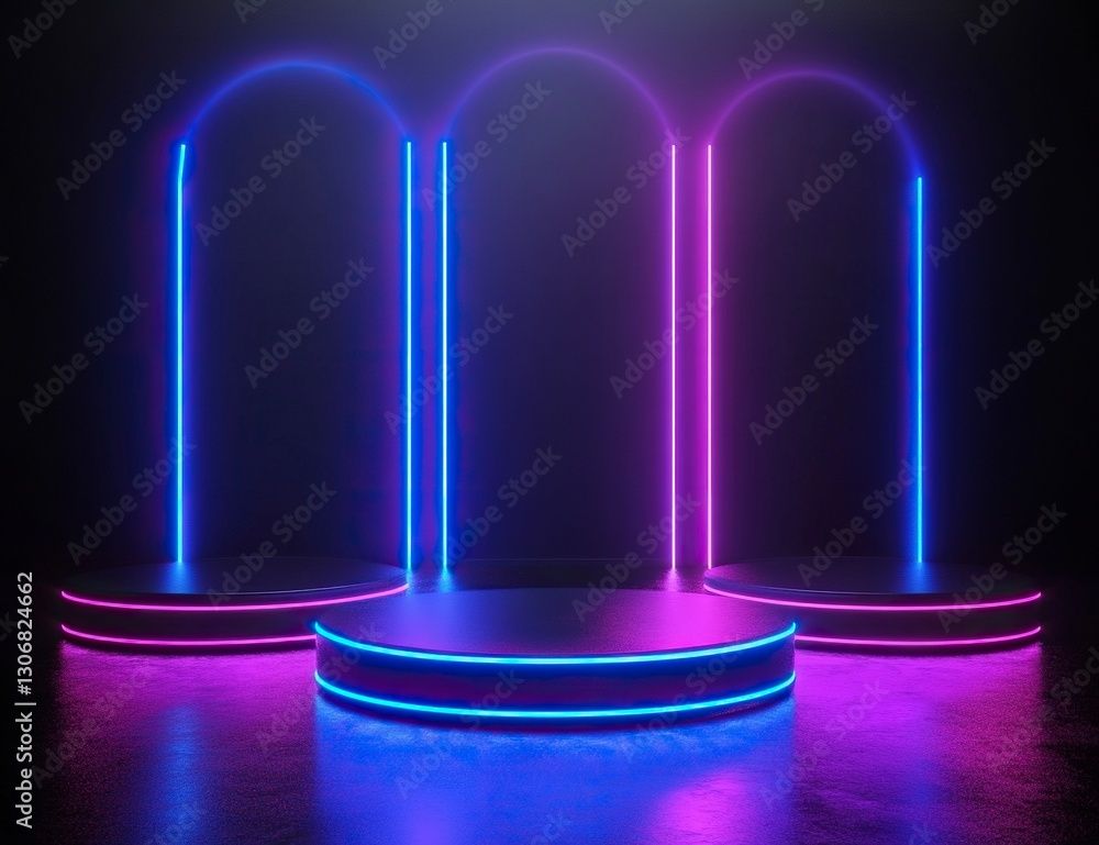 Poster 3d render, abstract background with blue and purple glowing neon lines on a black background. three 
