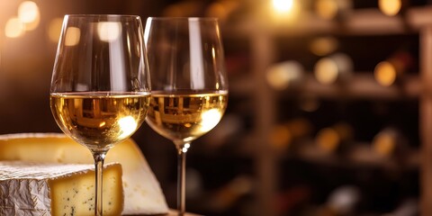 Two glasses of white wine beside artisan cheese platter with a blurred wine rack in the background.