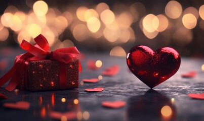 Valentine's Day heart background. Bokeh glitter lights. Abstract love, wedding, anniversary wallpaper. Floating paper hearts card and gift. Wrapped present with a bow.