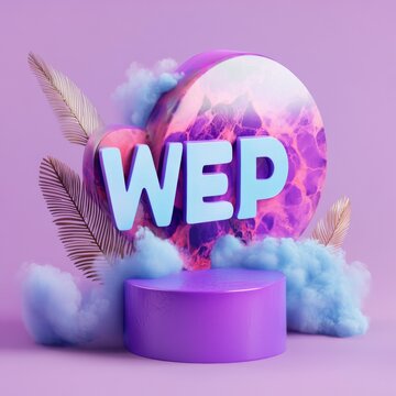 WEP Abstract Platform Scene with Clouds, Palm Leaves, and Marble Circle in Pastel Purple and Pink Aesthetics