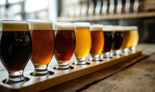 Variety of craft beers displayed in a tasting flight at a brewery