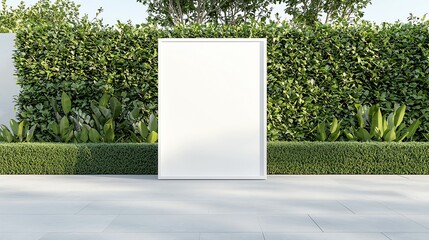 Blank white billboard in front of green hedge, sunny day. Mockup for advertisement or design.