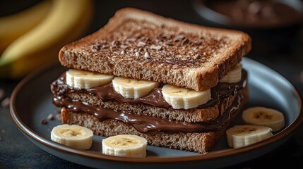 A Beautifully Presented Sandwich with Chocolate Spread and Sliced Bananas, Ideal for a Delicious Breakfast Moment