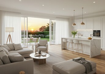 Modern kitchen interior mockup table living room with fireplace and contemporary design