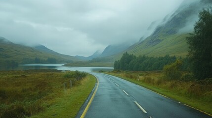 Empty road leading through misty hills with trees and a small lake in the background. Foggy weather creating a serene and mysterious atmosphere. Nature and solitude concept. Generative AI