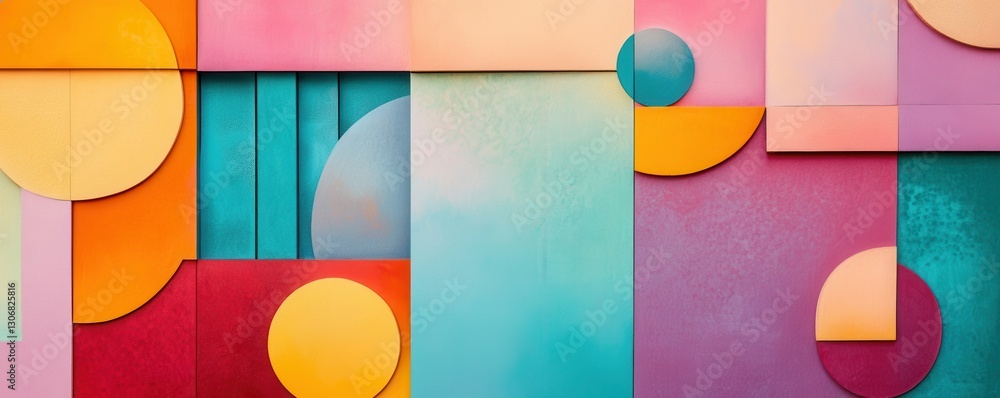 Poster vibrant abstract geometric shapes with colorful gradient background for creative design.