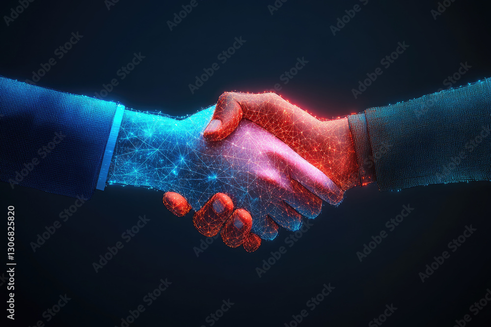 Poster digital arrow overlay on hands shaking representing partnership and shared goals in a collaborative 