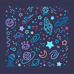Doodles with cosmic objects on dark background