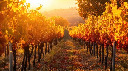 Naklejka premium Vineyard with rows of grapevines in autumn colors, featuring vibrant yellow, orange, red leaves. Hills in the background under partly cloudy sky. Autumn harvest wine production theme. Generative AI