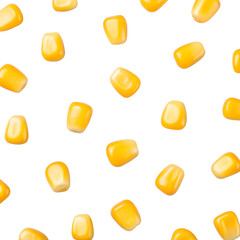 Close-up of golden yellow corn grains floating on a transparent and white backdrop