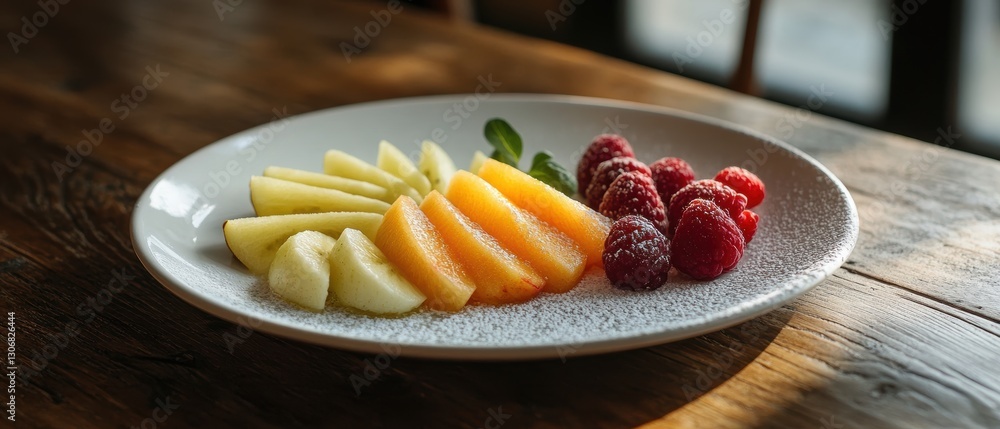 Aufkleber freshly sliced fruits on white plate with dusting of powdered sugar and natural light highlighting c