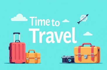 Time to travel vector design. Time to travel text in empty space with traveling elements like luggage, bags, passport, camera and compass in blue background