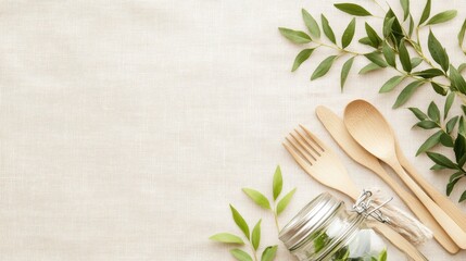 Eco-Friendly Dining: Sustainable wooden cutlery and a glass jar filled with fresh greenery adorn a textured neutral backdrop, symbolizing eco-consciousness and a commitment to sustainable practices.