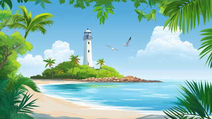 Lighthouse on the island in the ocean, seabirds flying in the sky, perfect summer vacation travel destination, flat travel illustration, landscape poster, travel poster