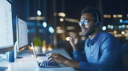 Night Shift Software Developer: A focused developer, illuminated by the glow of computer screens, works late into the night, showcasing dedication and technical prowess.