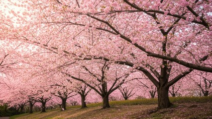 Blooming cherry trees create a serene and vibrant atmosphere, perfect for celebrating spring and enjoying nature's beauty
