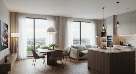 Fototapeta premium Modern living room interior design with fireplace and stylish furniture in a luxury apartment