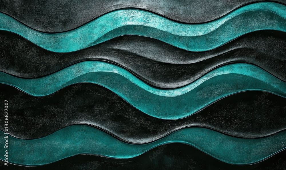 Poster abstract wave pattern in shades of teal and black with subtle metallic textures, illuminated by grad