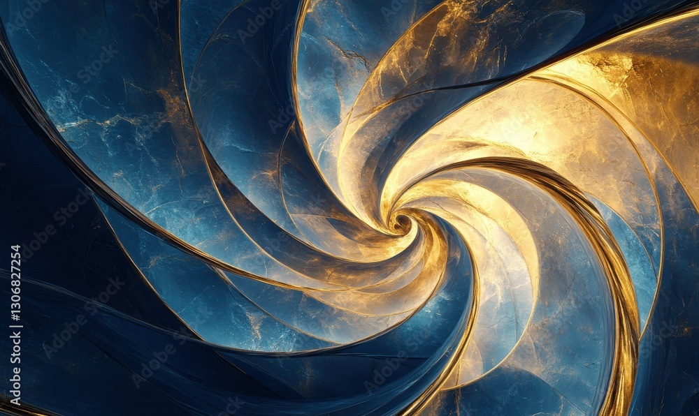 Poster swirling blue and gold abstract pattern resembling a dynamic vortex.