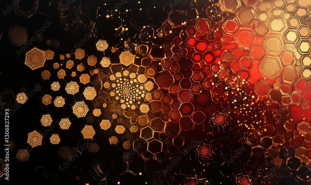 Poster artistic abstract of glowing red and gold hexagons forming intricate patterns against a sleek dark b