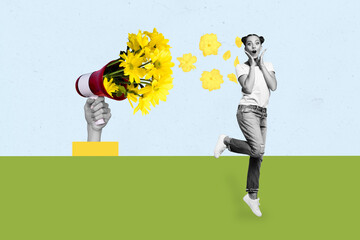 Trend artwork sketch design montage collage of young lady shocked stand hand hold megaphone florist...