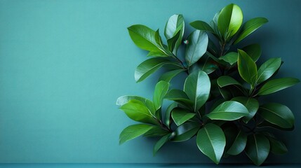 minimalist pedestal display stand with green leaves on aqua background