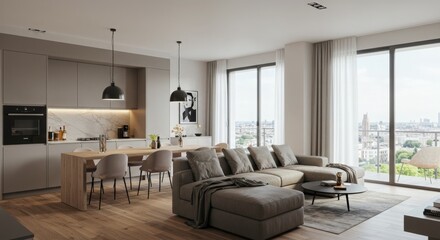 Modern living room interior design with fireplace and stylish furniture in a luxury apartment