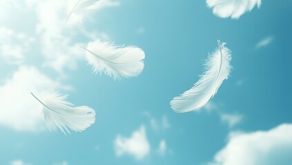 Floating white feathers in a light blue sky