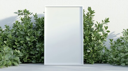 Blank white frame surrounded by lush green leaves, perfect for design mockups or natural-themed projects.