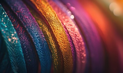 Artistic close-up of colorful threads illuminated by soft light creating a vibrant and detailed textile composition .