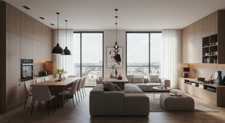 Modern living room interior design with fireplace and stylish furniture in a luxury apartment