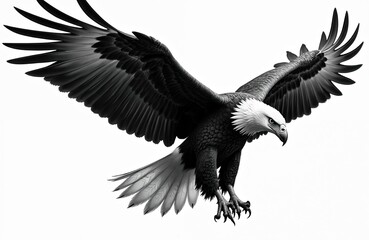 Majestic eagle soars on white background. Monochrome bird of prey with spread wings and detailed feathers, claws, isolated on white. Powerful predator symbol of freedom and American pride.
