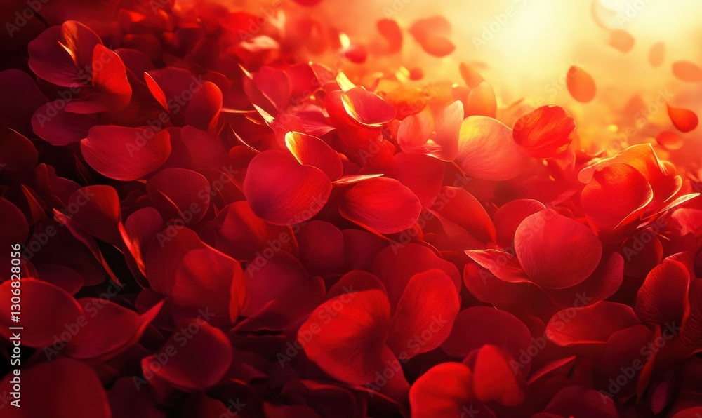 Poster artistic depiction of overlapping red floral petals glowing under warm ambient light, creating a bol