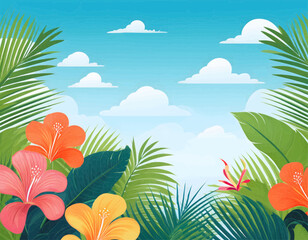 Obraz premium A tropical vector garden background with palm leaves, exotic flowers, and a bright blue sky