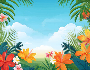 Fototapeta na wymiar A tropical vector garden background with palm leaves, exotic flowers, and a bright blue sky