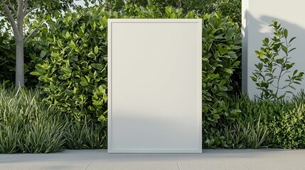 Blank white signboard in lush green park setting. Perfect for design or advertisement mockup.