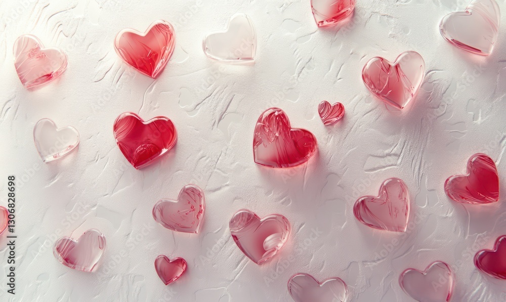 Poster artistic heart-shaped patterns in soft red and pink tones scattered on a white textured background i
