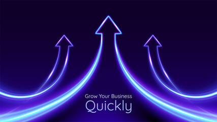 Three arrows up with lights trails. Futuristic 3D style. Business, personal growth, quick result. Innovation technology and finance.