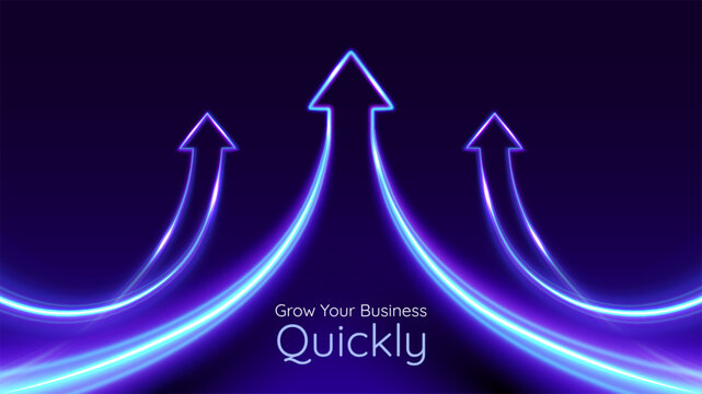 Three arrows up with lights trails. Futuristic 3D style. Business, personal growth, quick result. Innovation technology and finance.