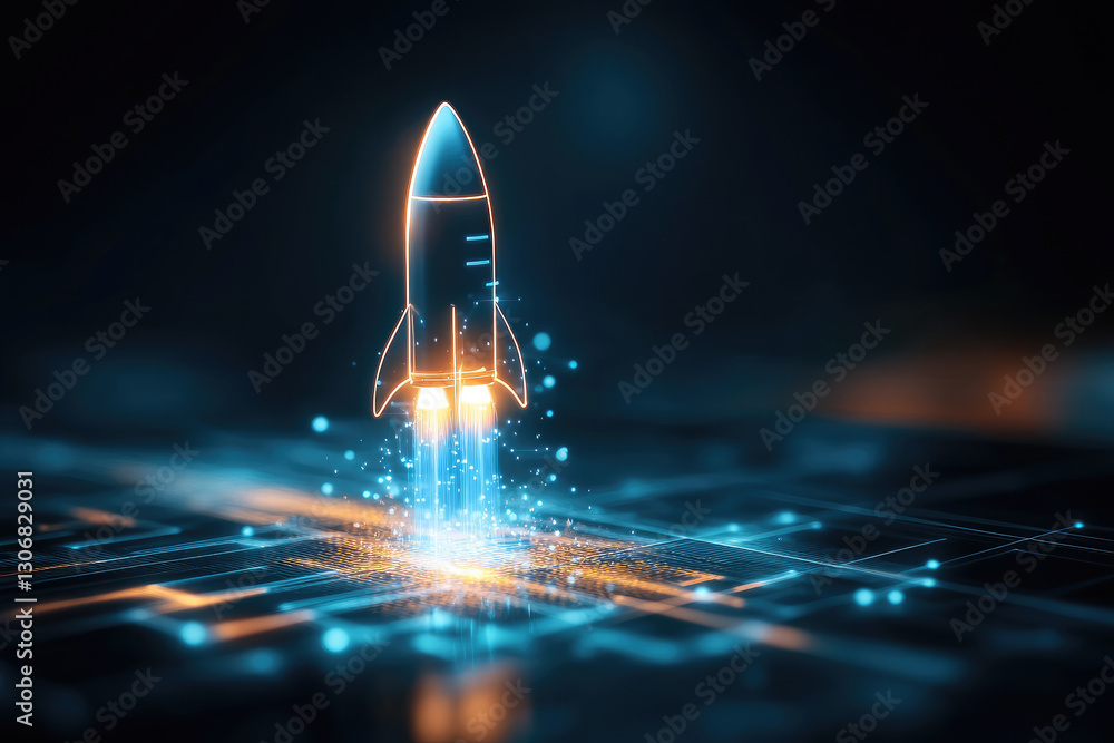 Poster illuminated light trails shaping a rocket in the night sky startup launch event digital futuristic e