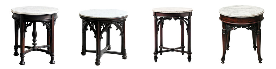 Fototapeta premium Beautifully crafted vintage wooden end tables with ornate intricate carvings and a traditional classic design placed in a elegant refined room setting