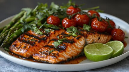 Grilled Salmon with Asparagus, Tomatoes, and Lime