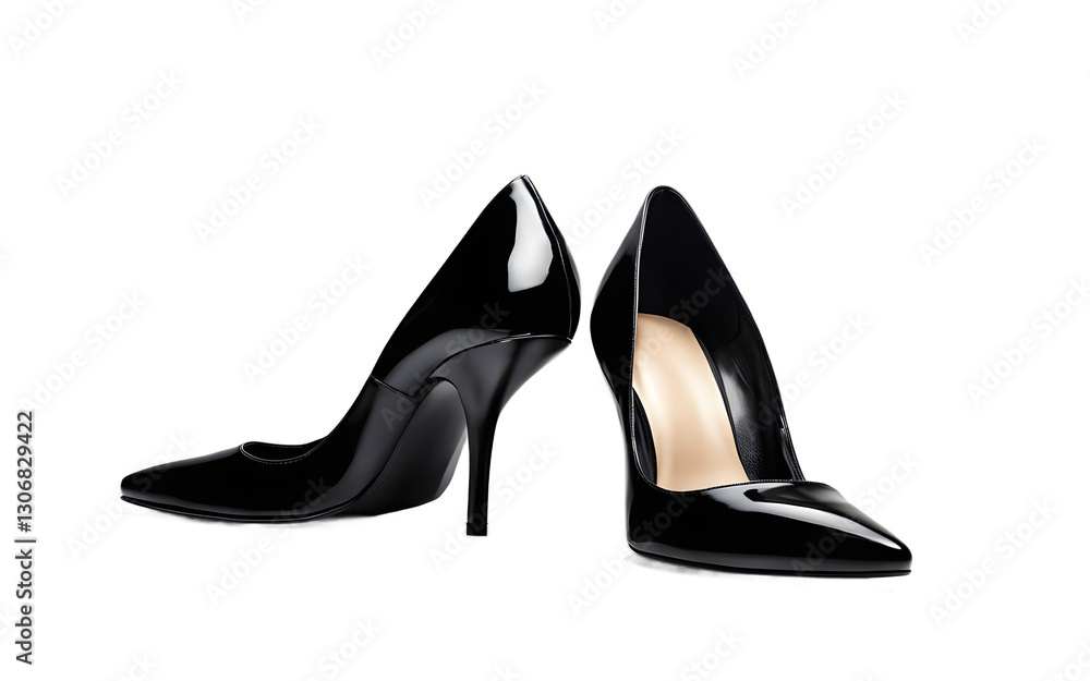Poster a pair of high-heeled black shoes with a glossy finish, isolated on a empty plain background