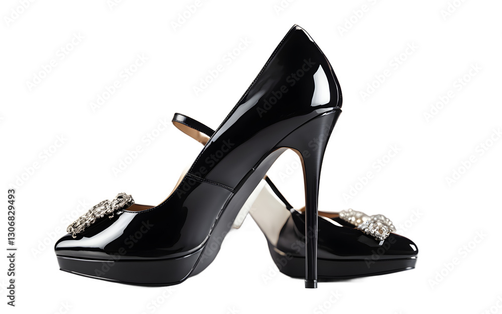 Poster a pair of high-heeled black shoes with a glossy finish, isolated on a empty plain background