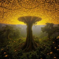 Enchanted Forest with Glowing Tree Canopy at Dusk