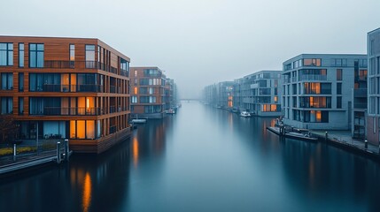Modern apartments along a misty canal waterway at dawn