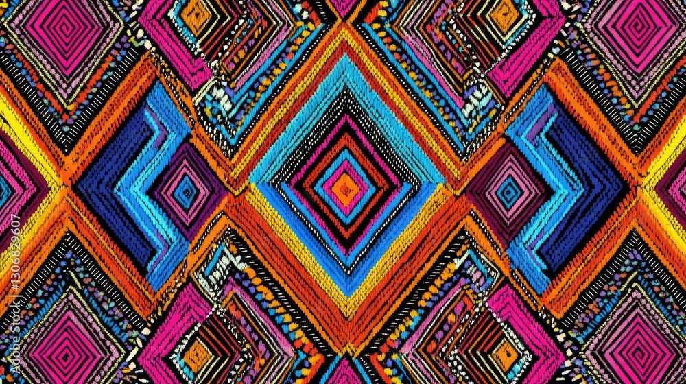 Poster a digitally enhanced fabric pattern with traditional zulu beadwork designs, displaying a stunning co