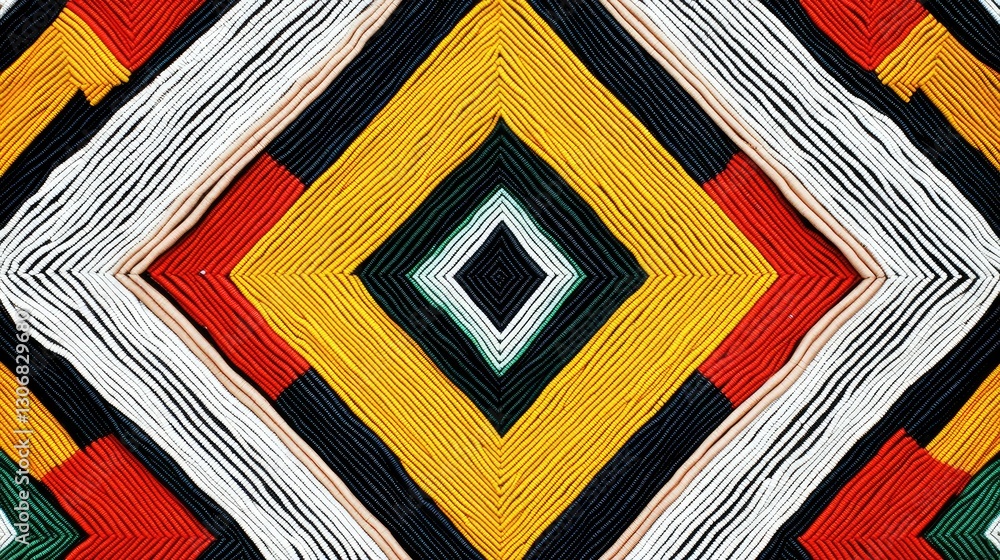 Poster a digitally enhanced fabric pattern with traditional zulu beadwork designs, displaying a stunning co